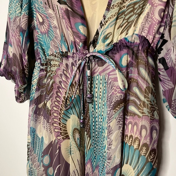 Y2K Tricia Fix 100% Silk Boho Peacock Dress - Picture 4 of 11